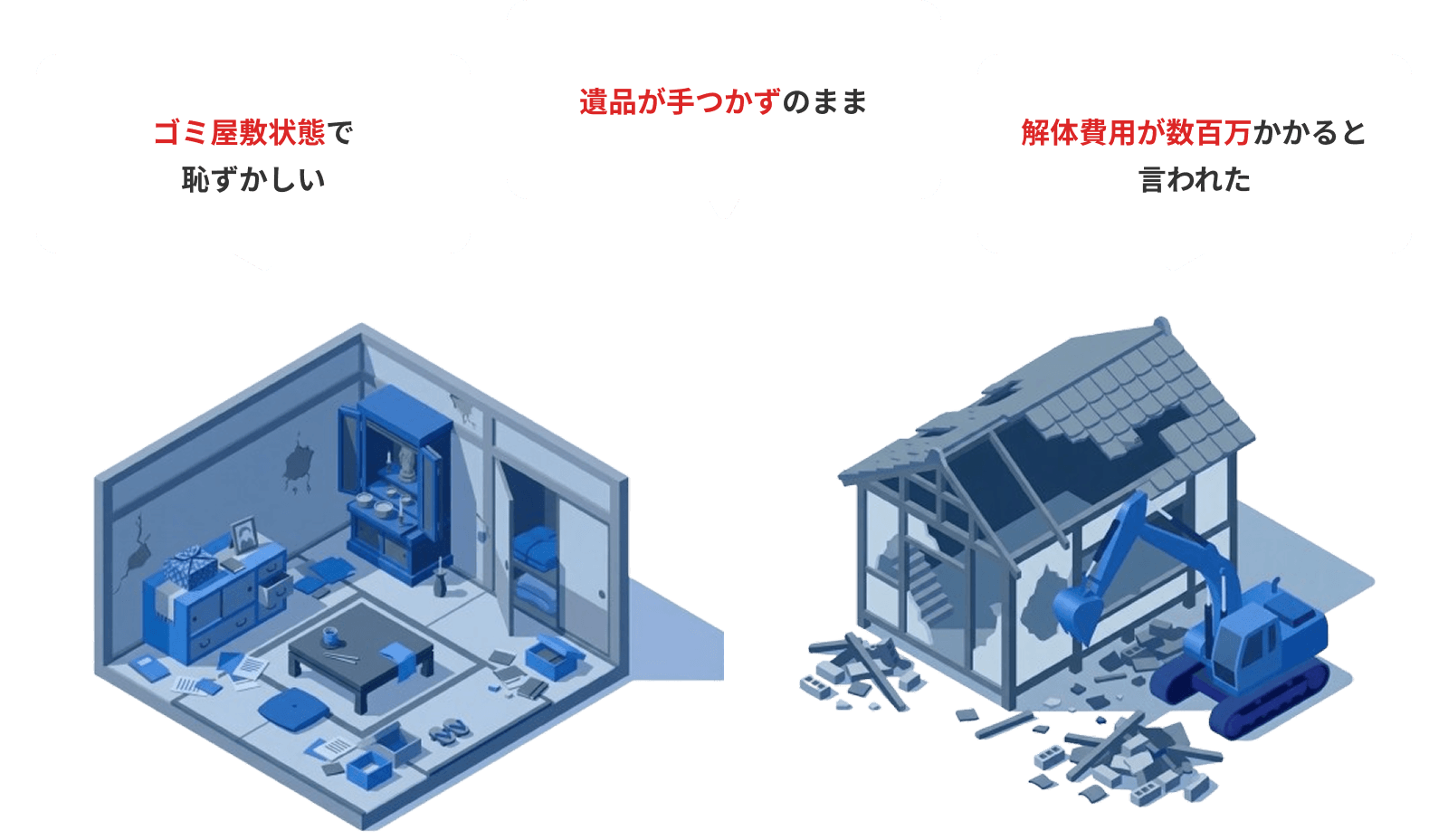 ゴミ屋敷で恥ずかしい、遺品が手つかずのまま、解体費用が数百万かかると言われた